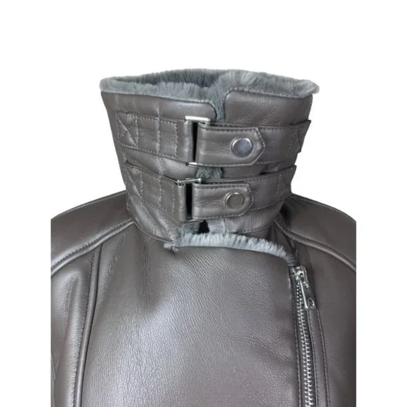 Join Us Khaki Brown Faux Leather Fur Collar Bomber Moto Jacket size Medium
